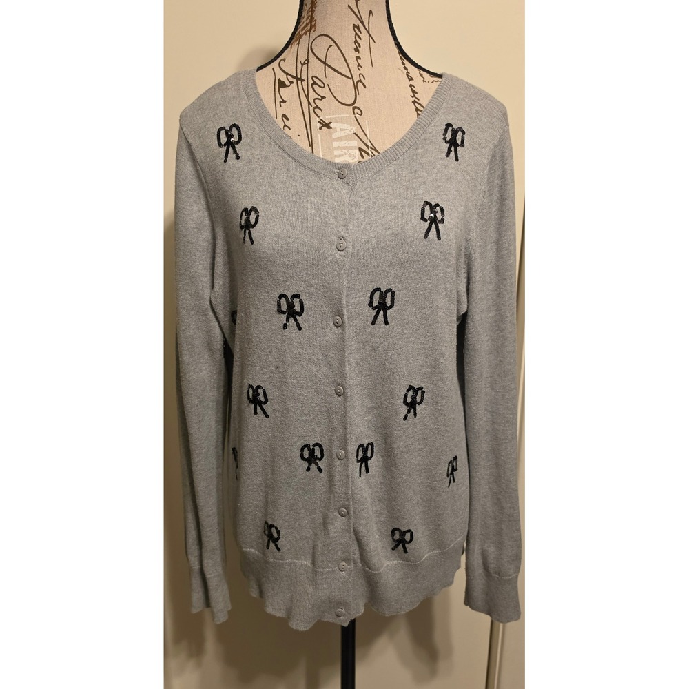 Ann Taylor LOFT Gray Cotton Cardigan Sweater Black Sequin Bows Large
